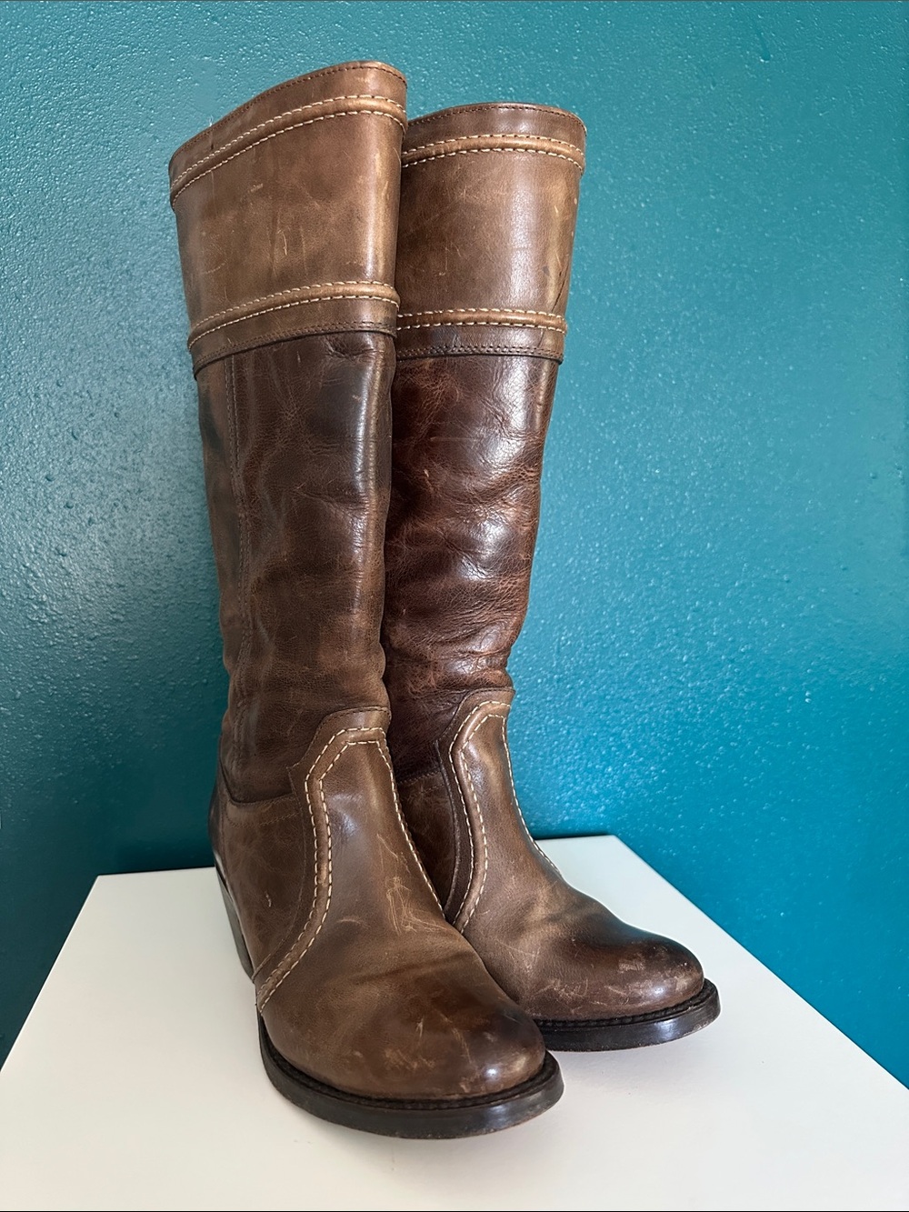 Frye Brown Leather Knee-High Heeled Boots